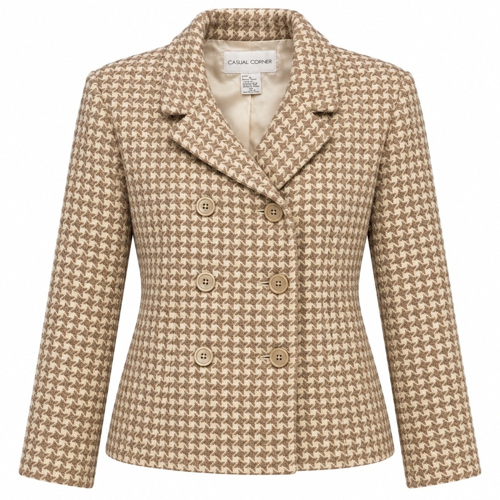 Vintage Old Money Houndstooth Wool Blend Tweed Blazer Women 14 Retro Prep Coat